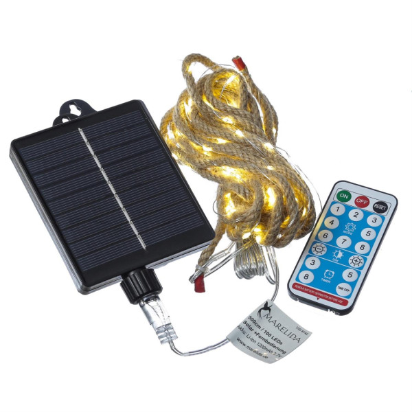 LED Solar Lichterkette Juteseil - 100 warmweiße LED - L: 5m - 8 Funktionen/USB - Fernbedienung